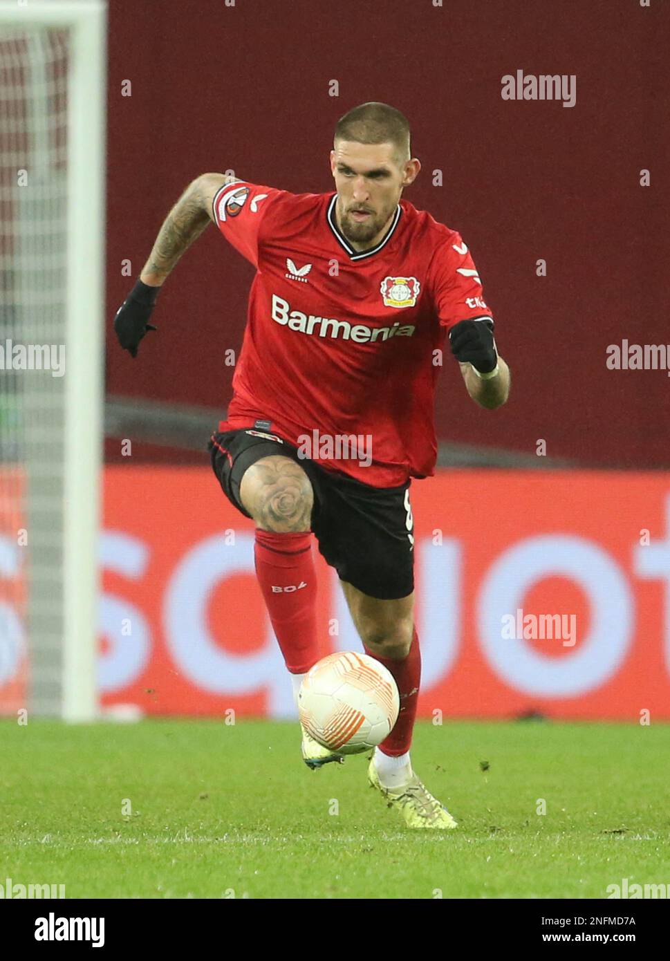 Robert Andrich von Bayer Leverkusen während des UEFA Europa League, Play-off, 1.-Bein-Fußballspiels zwischen Bayer Leverkusen und AS Monaco am 16. Februar 2023 in der BayArena in Leverkusen. Foto: Laurent Lairys/ABACAPRESS.COM Stockfoto