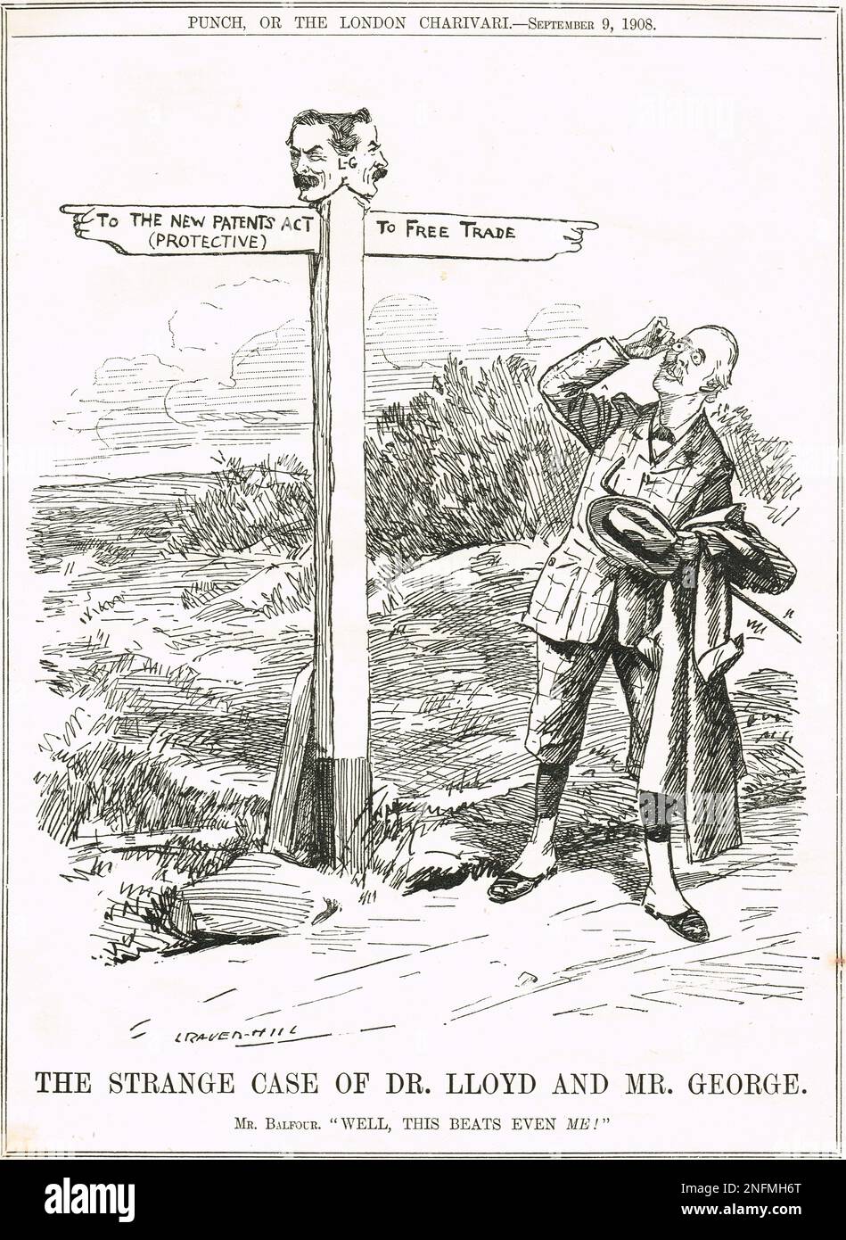 Der seltsame Fall von Dr. Lloyd und Mr. George. Punch-Cartoon von Leonard Raven-Hill. Balfour kommentiert Lloyd George mit 2both Wegen zu Schutz und Freihandel. Stockfoto