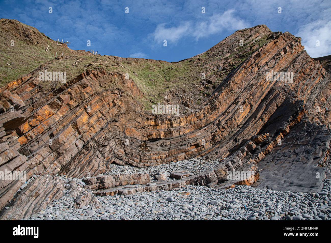 Rock Strata, Sandymouth Bay, Cornwall, Großbritannien. Niederer Karbonus, Bude-Sandsteine und Silsteine. Stockfoto
