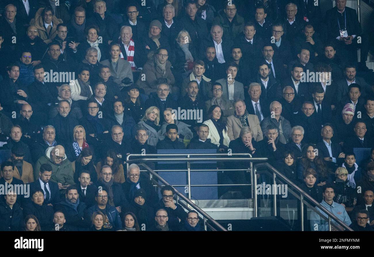 Paris, Frankreich. 14. Februar 2023. Uli Hoeneß, Nicolas Sarkozy, Nasser Al-Khelaifi, Aleksander Ceferin, Manager Oliver Kahn (München) Präsident Herbert Stockfoto