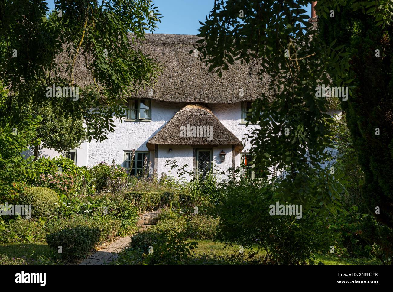 Hübsches, malerisches strohgedecktes Dorfhaus, Whitchurch Canonicorum, Dorset, England, Großbritannien Stockfoto