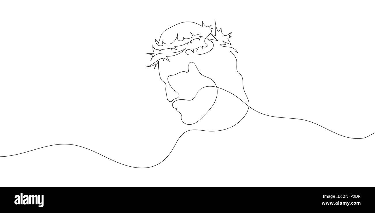 Fortlaufende, einzeilige Zeichnung Jesu Christi mit Dornenkrone. Linearer Hintergrund. Vektordarstellung Stock Vektor