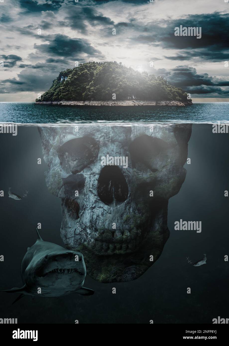 Schädel-Insel-Poster und Tapete, Schädel, Meer, Meereshintergrund, Hai, Fische, Abgrund, künstlerisches Poster, Stockfoto