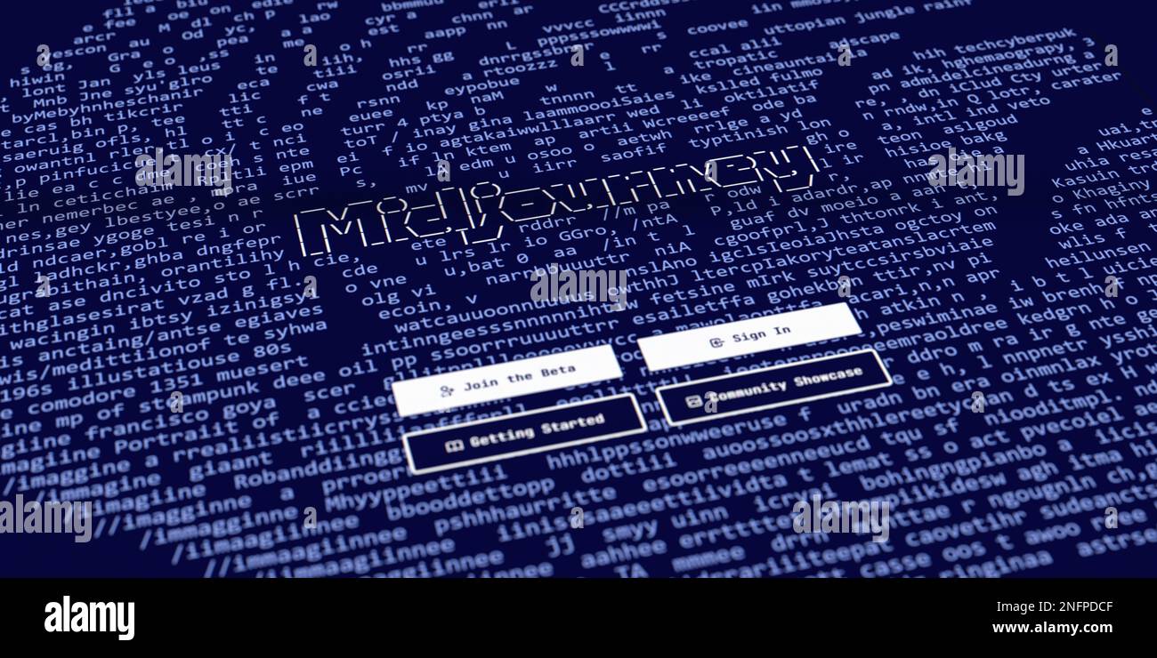 Ein Screenshot der Website für MidJourney, die künstliche Intelligenz, zum Generieren von Bildern aus Eingabeaufforderungen Stockfoto