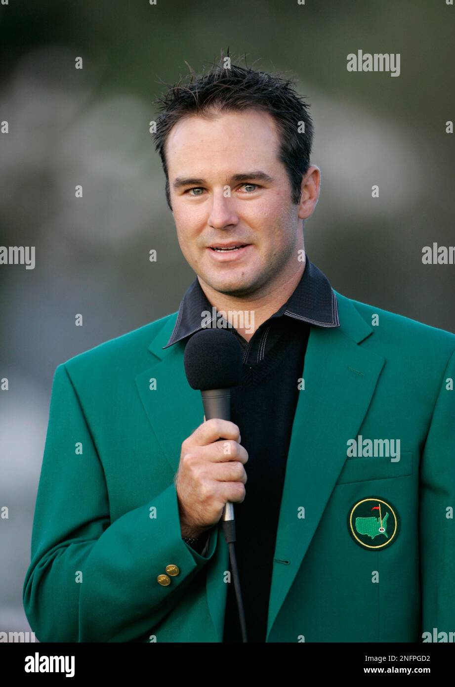 Trevor Immelman of South Africa speaks after he won the 2008 Masters golf tournament at the Augusta National Golf Club in Augusta, Ga., Sunday, April 13, 2008. (AP Photo/Morry Gash) Stockfoto