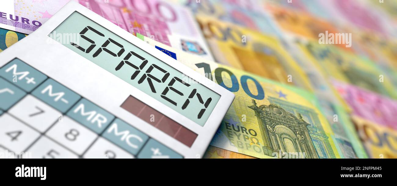 Sparen Sie Geld – der Taschenrechner liegt auf Euro-Banknoten Stockfoto