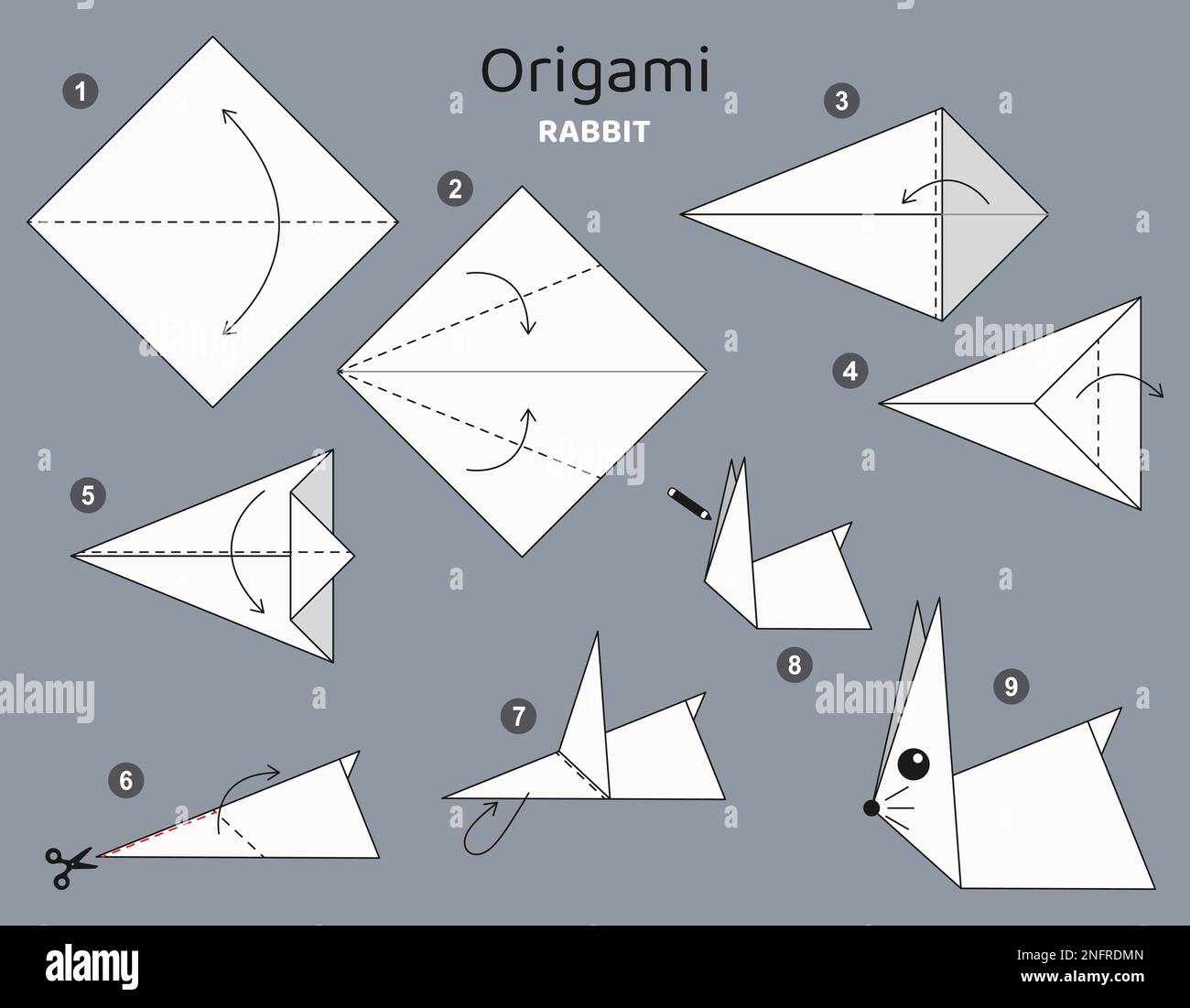 Origami-Tutorial. Das Origami-Schema Kaninchen für Kinder. Stock Vektor