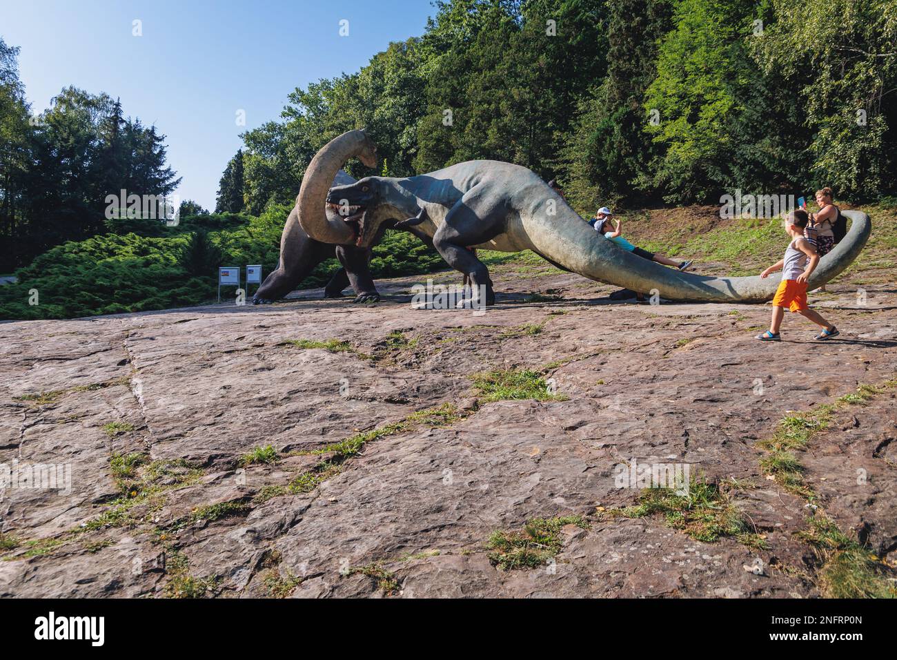 Statuen des Tyrannosaurus und des Nemegtosaurus im Dinosauriertal im