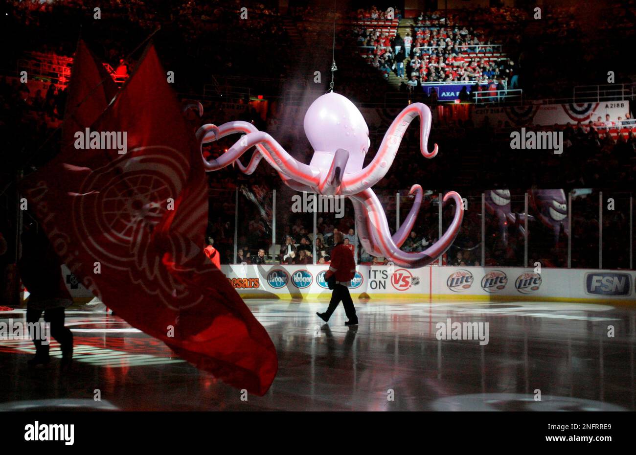 April 15, 2012: Detroit Red Wings mascot Al the Octopus is lowered from the  rafters during