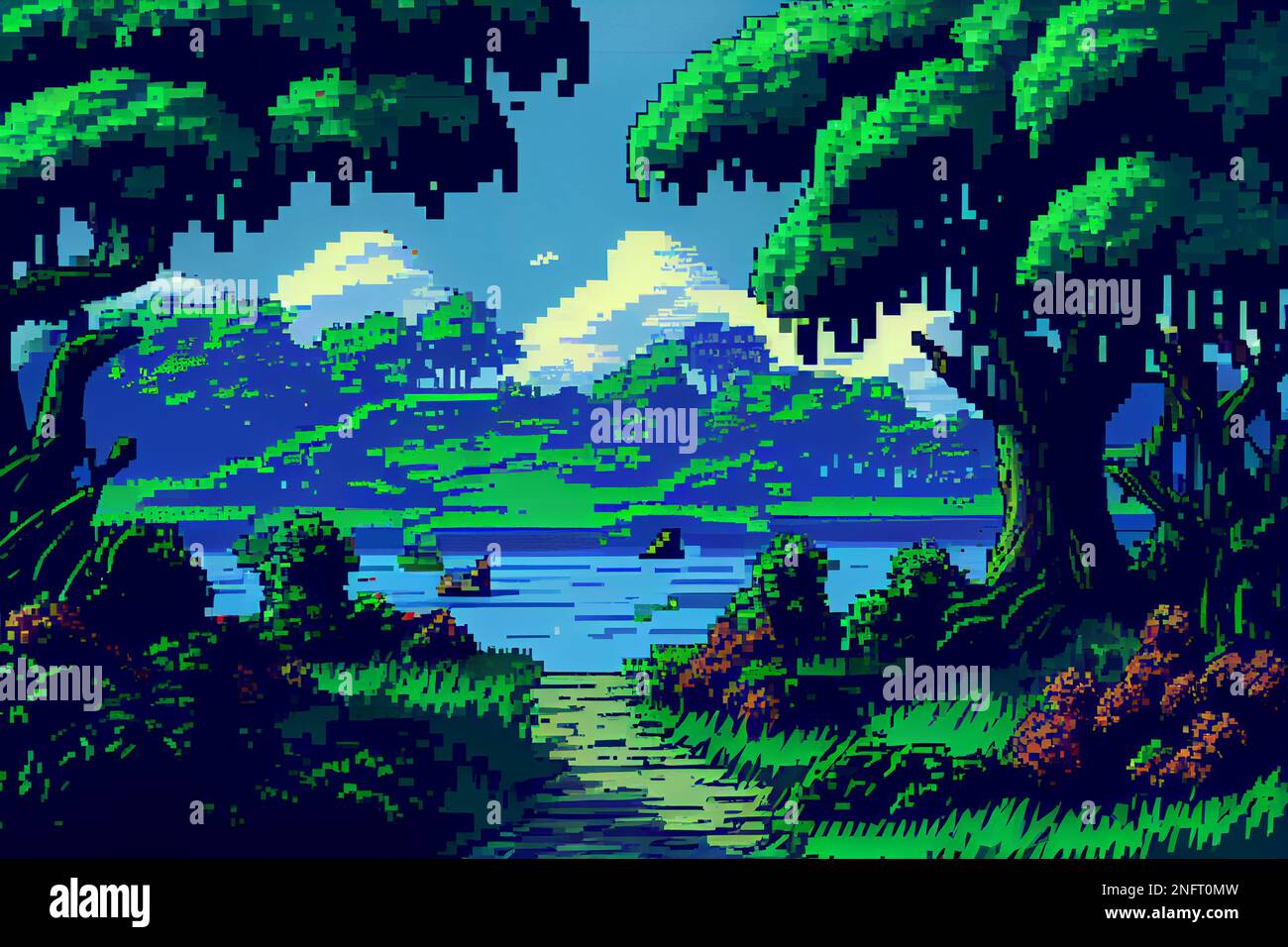 Videospielhintergrund mit Bergen und Wäldern in 16-Bit-Pixeln. Retro-Video-Arcade-Spiel Naturort mit Pixel Art Mountain Hills, sn Stockfoto