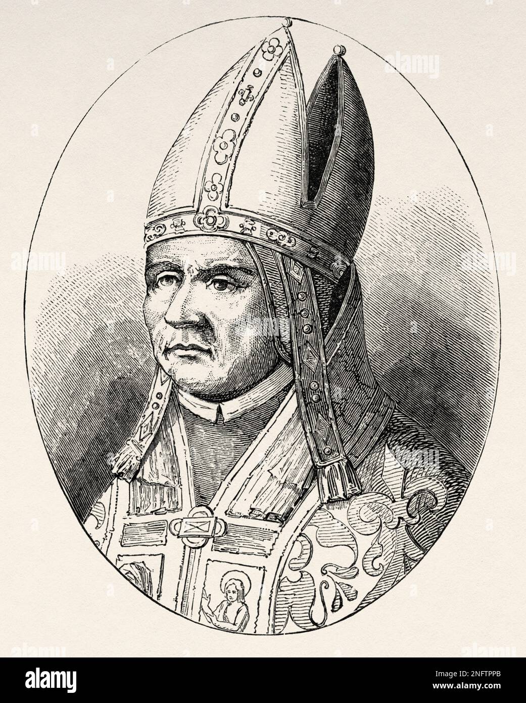 Porträt des Papst Sylvester I (285-335) Bischofs von Rom. Fresken der Papstbasilika von St. Paul vor den Mauern, die weithin als St. Paul's bekannt sind, vor den Mauern, Rom. Die Kunst des Mittelalters und zur Zeit der Renaissance von Paul Lacroix, 1874 Stockfoto