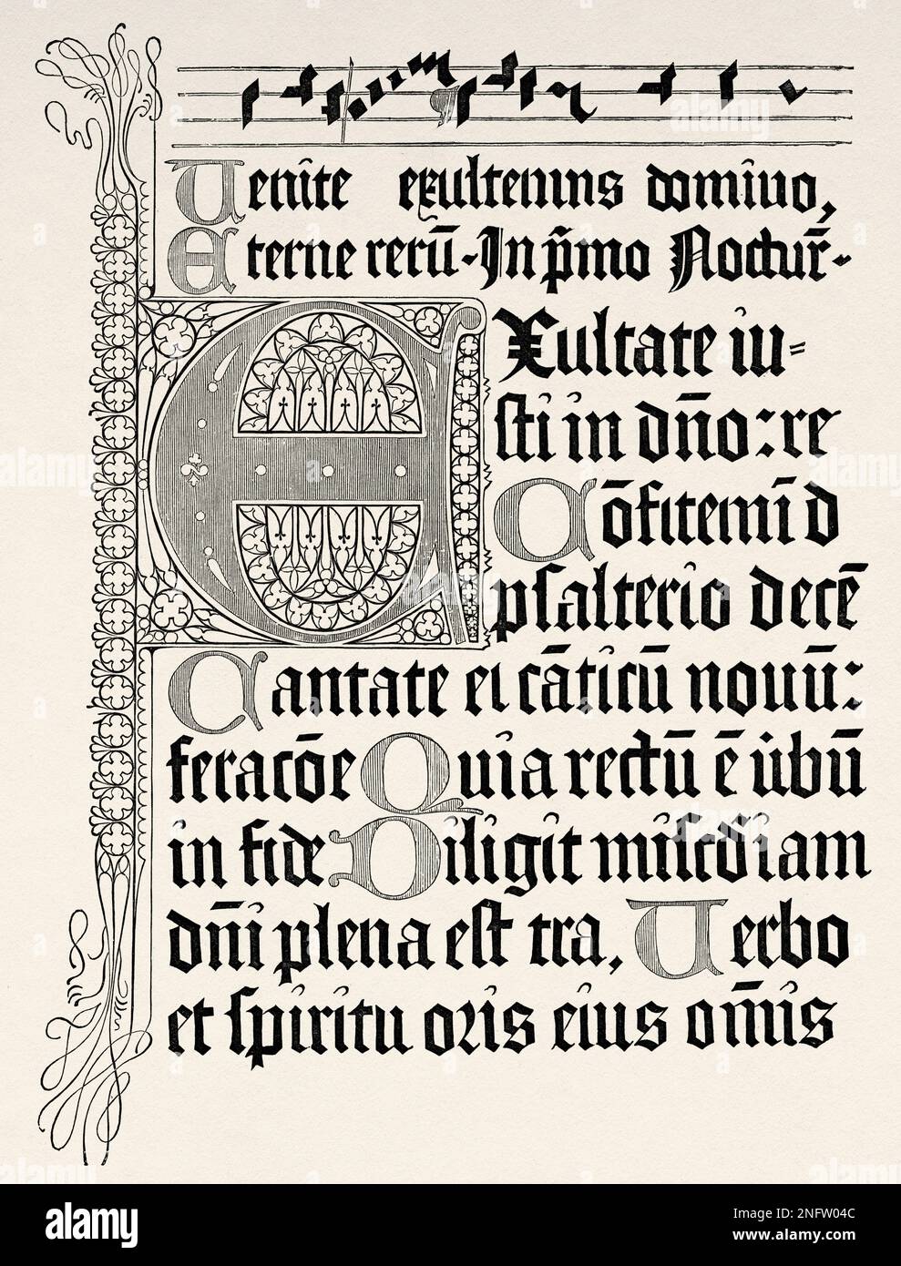 Fax einer Seite von Psalter von 1459, gedruckt in Mainz von Johann Fust und Petrus Schoiffer. Die Kunst des Mittelalters und zur Zeit der Renaissance von Paul Lacroix, 1874 Stockfoto