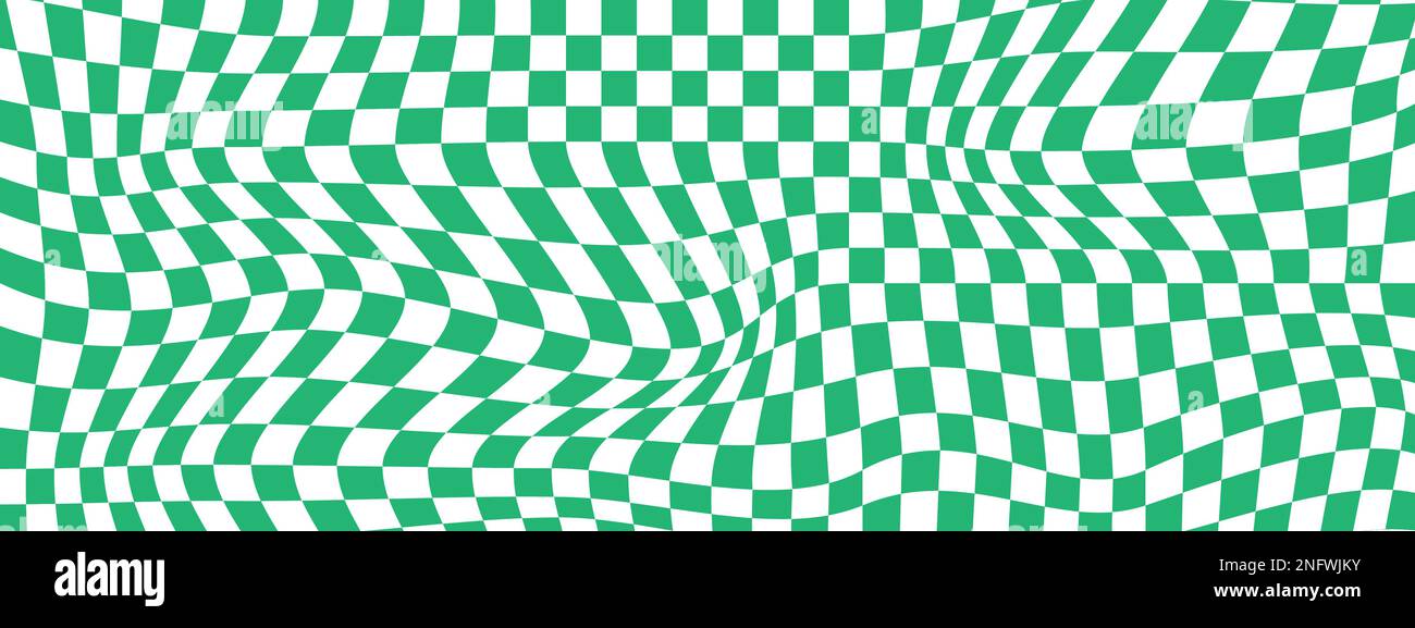 Verzerrter grün-weißer Hintergrund des Schachbretts. Schwindelig-karierte visuelle Täuschung. Psychedelisches Muster mit verformten Quadraten. Schräge Schachbrettoberfläche Stock Vektor