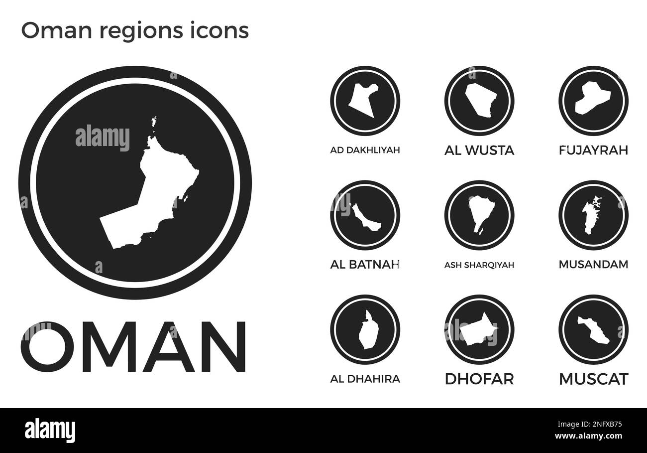 Symbole für Oman-Regionen. Schwarze runde Logos mit Karten und Titeln der jeweiligen Region. Vektordarstellung. Stock Vektor
