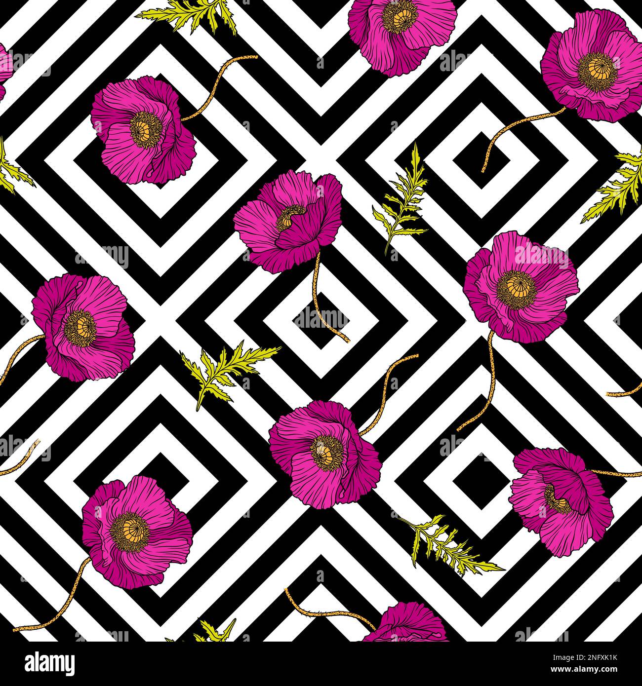 Vektorgeometrisches nahtloses Muster mit Mohnblumen. Abstrakter schwarzer Hintergrund im Art déco-Stil. Ornamente mit Rhombus und botanischen Elementen für Stock Vektor