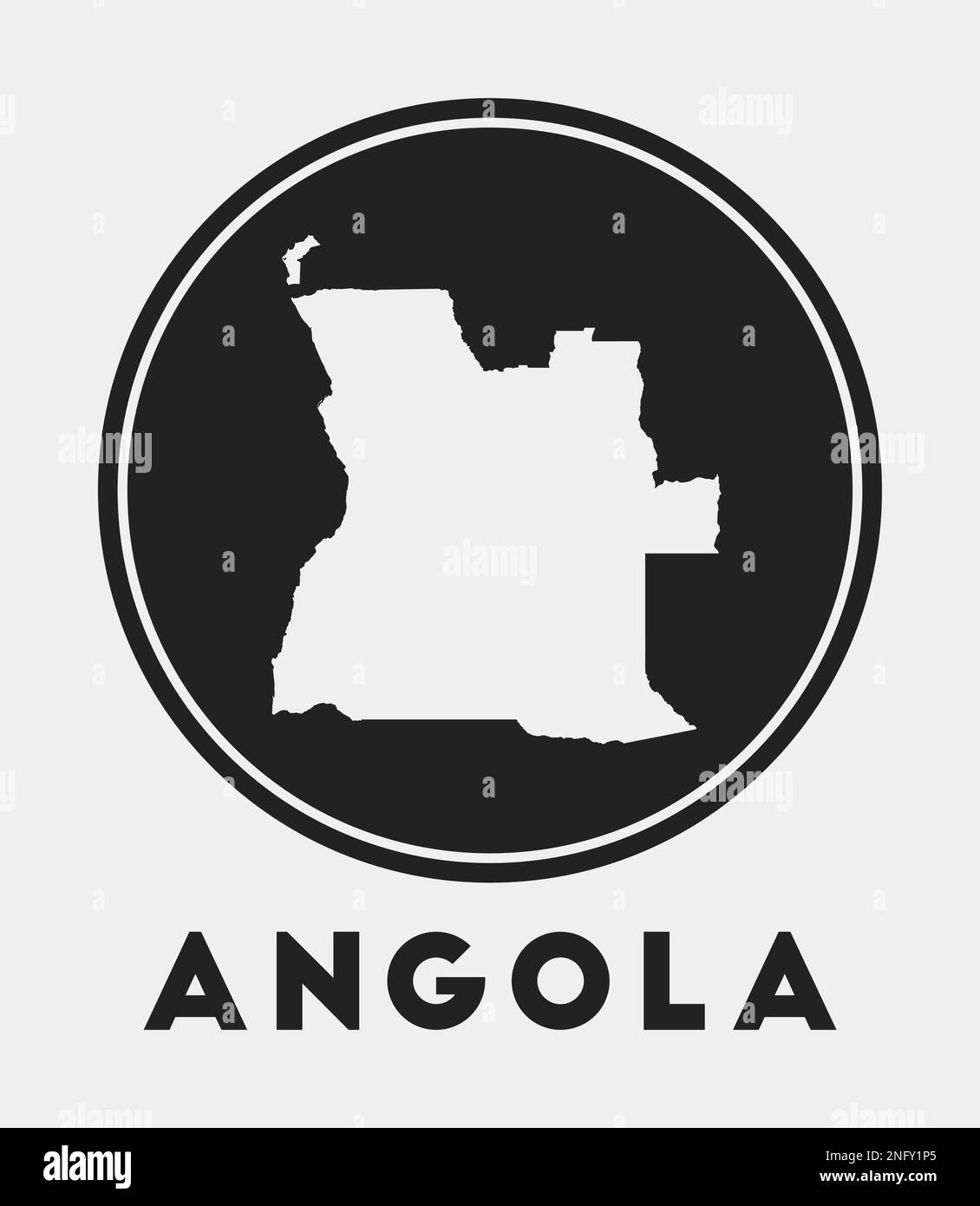 Symbol für Angola. Rundes Logo mit Landkarte und Titel. Stilvolles Angola-Abzeichen mit Karte. Vektordarstellung. Stock Vektor