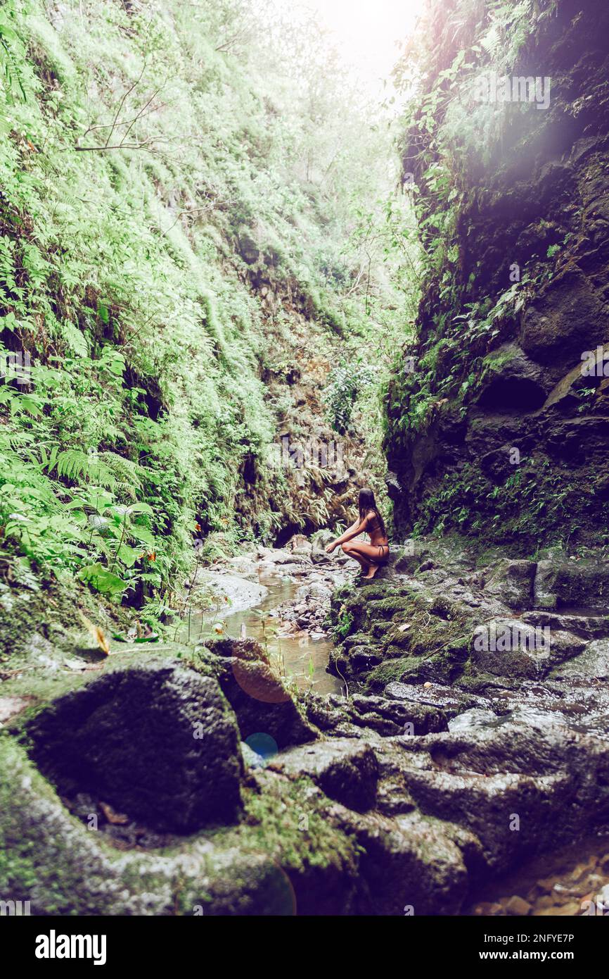 Junge und schöne Frau, die auf einem Felsen sitzt und die Natur des Tals beobachtet. Reisen und Abenteuer. Die Natur. Maui. Weg nach Hana Stockfoto