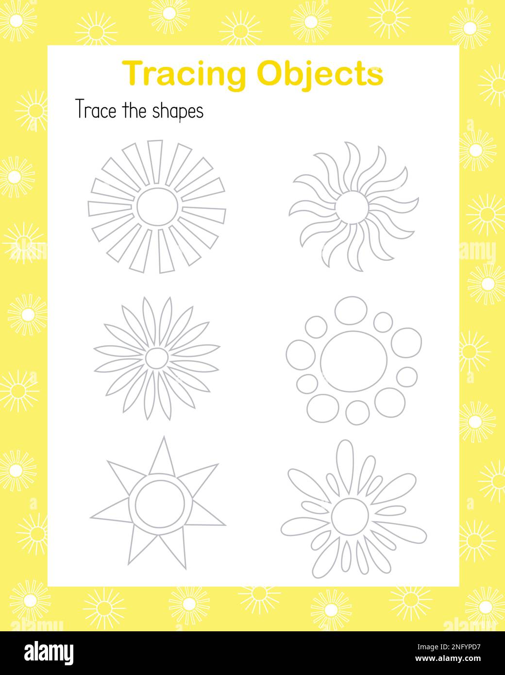 Verfolgen von Sonne lineare Bilder Handschrift Üben Vektordarstellung lehrreiches druckbares Arbeitsblatt, Zeichnen von Objekten Freizeitaktivität Lernkonzept, Spiel für Kinder Lehrerressourcen Stock Vektor