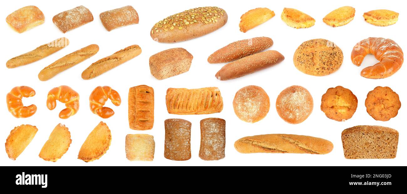 Große Auswahl an frischen Brotprodukten, isoliert auf weißem Hintergrund. Stockfoto