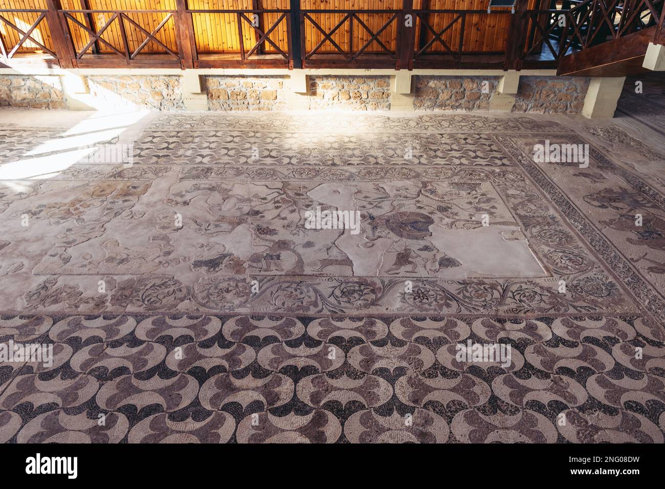 Antikes Mosaik im Haus der römischen Villa Dionysos im Archäologischen Park von Paphos in Paphos Stadt, Zypern Inselland Stockfoto