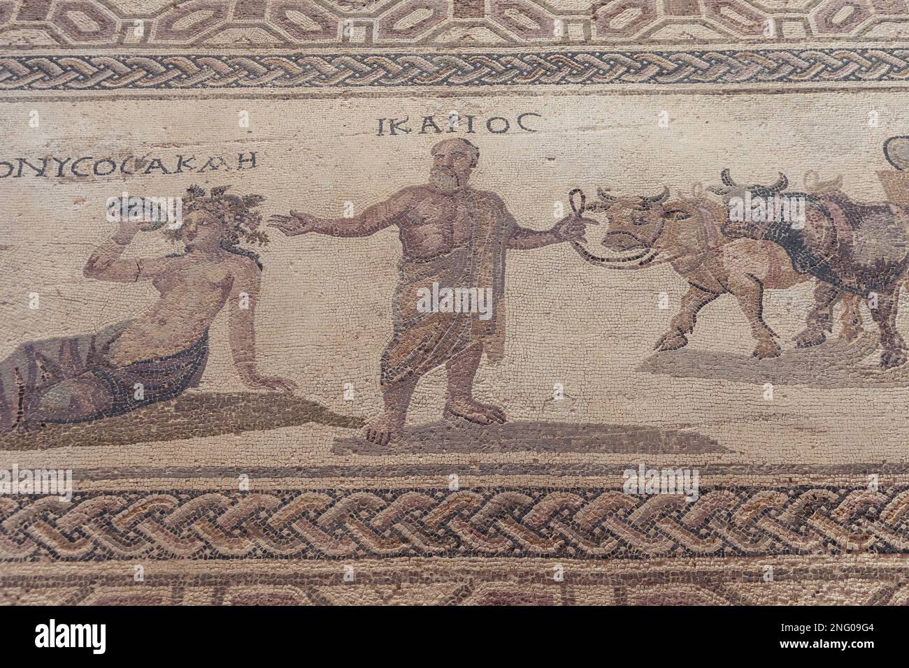 Ikarios Moisaic im Haus der römischen Villa Dionysos im Archäologischen Park von Paphos in Paphos Stadt, Zypern Inselland Stockfoto