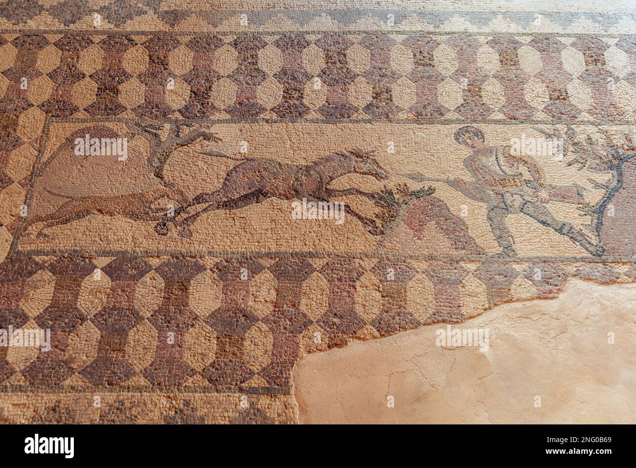 Jagdmosaik im Haus der römischen Villa Dionysos im Archäologischen Park Paphos in Paphos, Inselland Zypern Stockfoto