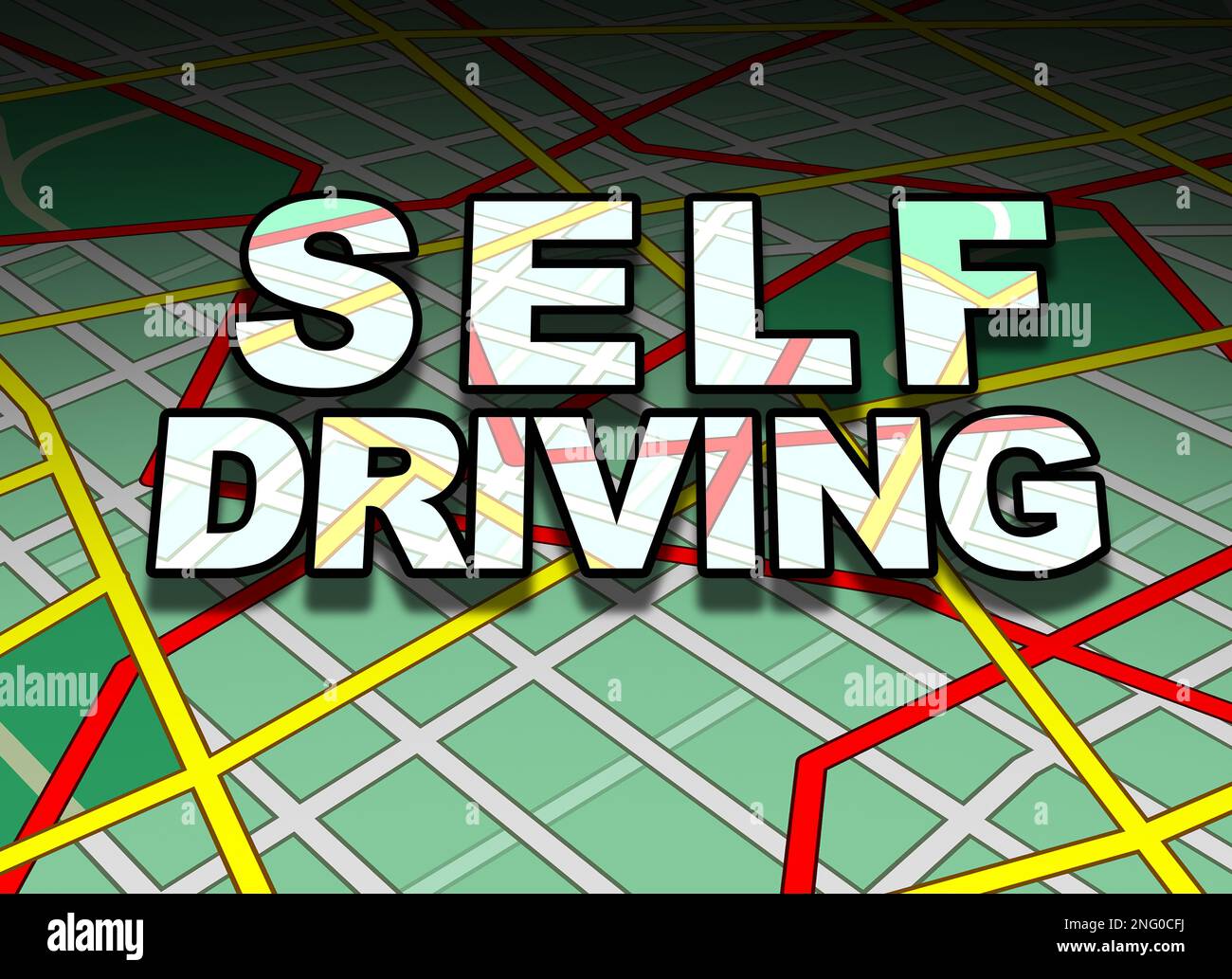Selbstfahrendes und computerunterstütztes Fahren als künstliche Intelligenz-Algorithmen als autonome Fahrertechnologie als 3D-Illustrationsstil. Stockfoto