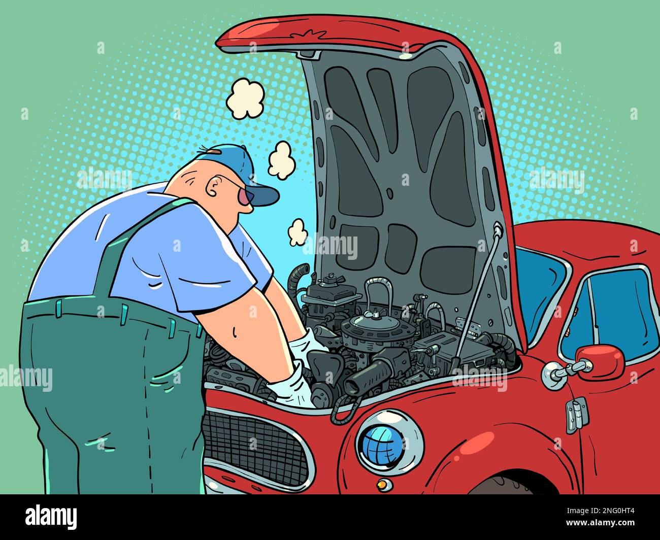 Ein Mann in Uniform repariert ein Auto. autoreparaturwerkstatt Garage Ein Profi arbeitet in einem Autoservice. Wartung zur Sicherheit des Fahrers. Stock Vektor