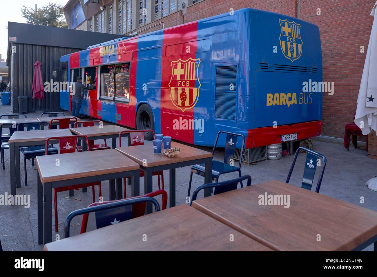 Süße Busbar auf dem Gelände des Camp Nou Stadions Stockfoto