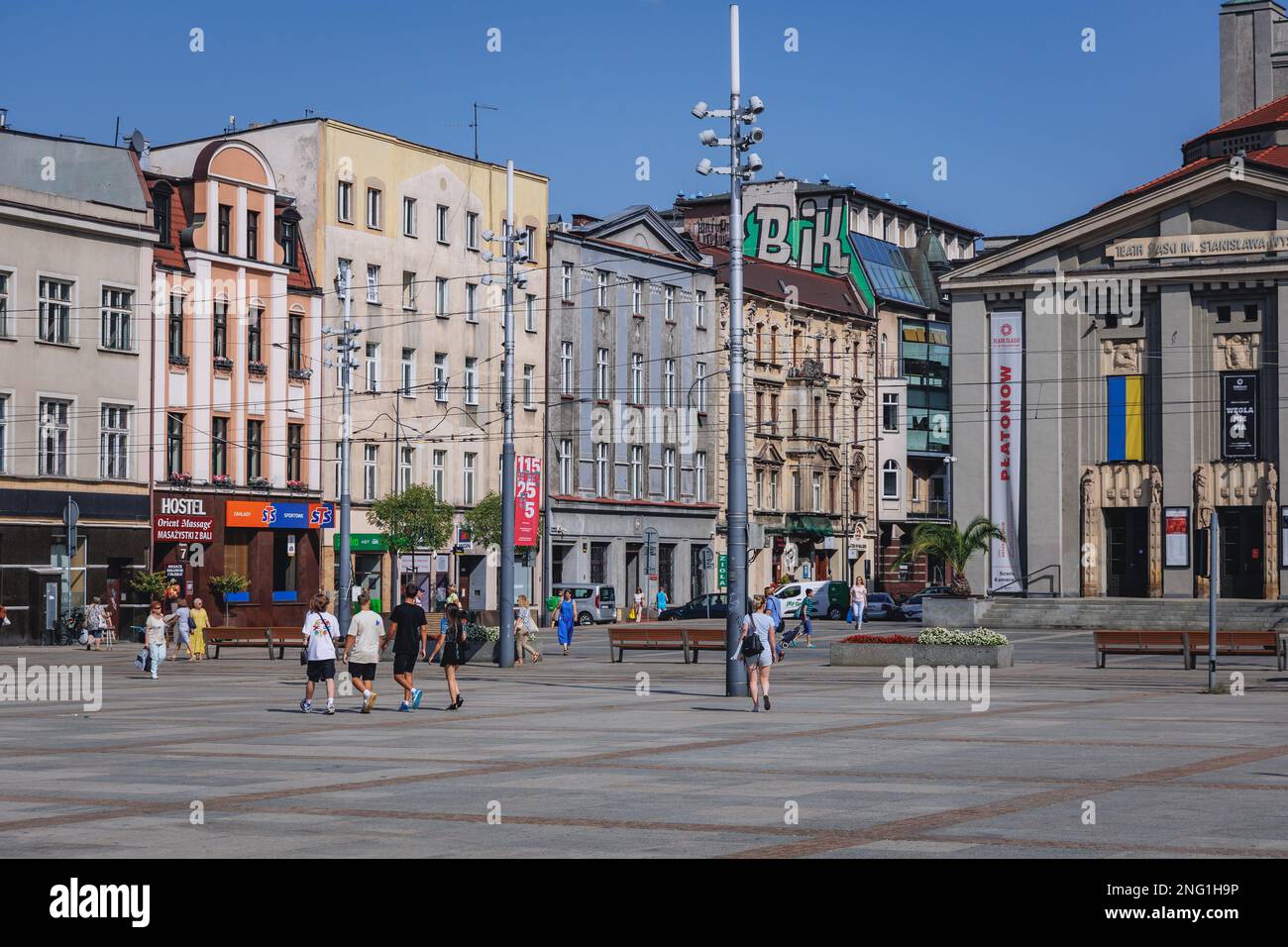 Schlesisches Theater und Häuser auf dem Marktplatz in Kattowitz, Schlesien-Region in Polen Stockfoto