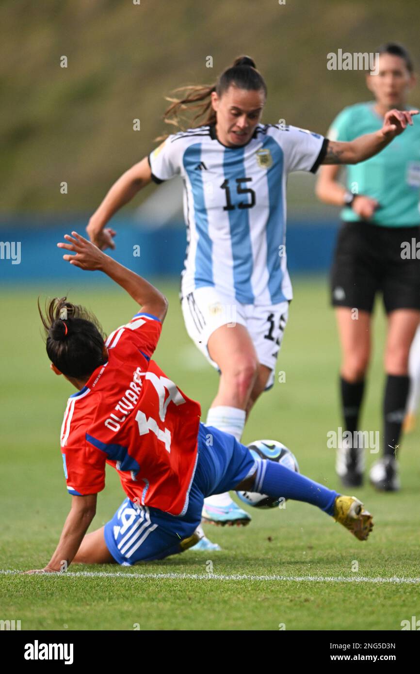 Florencia Bonsegundo von der argentinischen Frauen-Fußballnationalmannschaft während der FIFA Frauen-Weltmeisterschaft 2023 im North Harbour Stadium in Aktion gesehen. Endergebnis: Argentinien 4:0 Chile (Foto: Luis Veniegra / SOPA Images/Sipa USA) Stockfoto