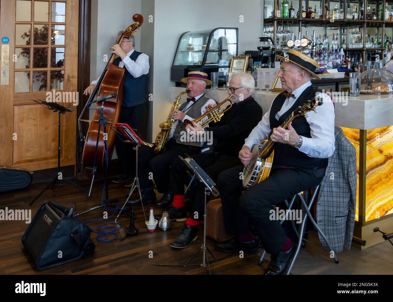 Old Time Dixie Band spielt in einem Whitley Bay Restaurant Stockfoto