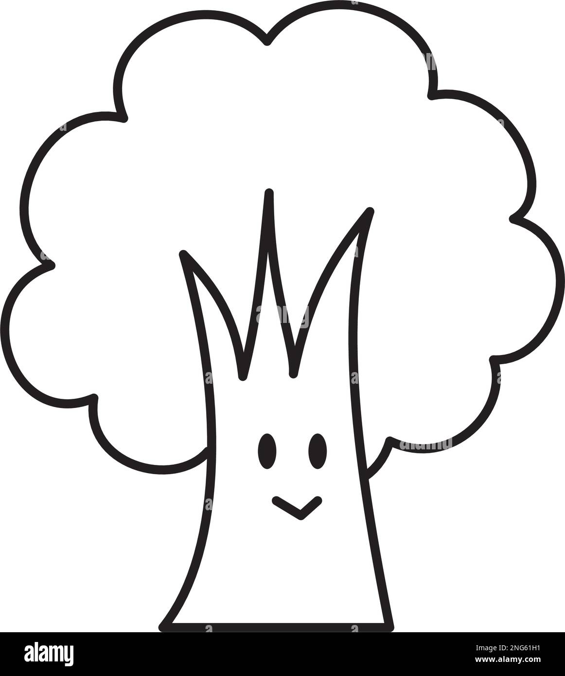 Eine einfache hölzerne Figur, die lächelt. Schwarz-weiße Linienzeichnung. Eine süße Illustration eines deformierten Baumes. Stock Vektor