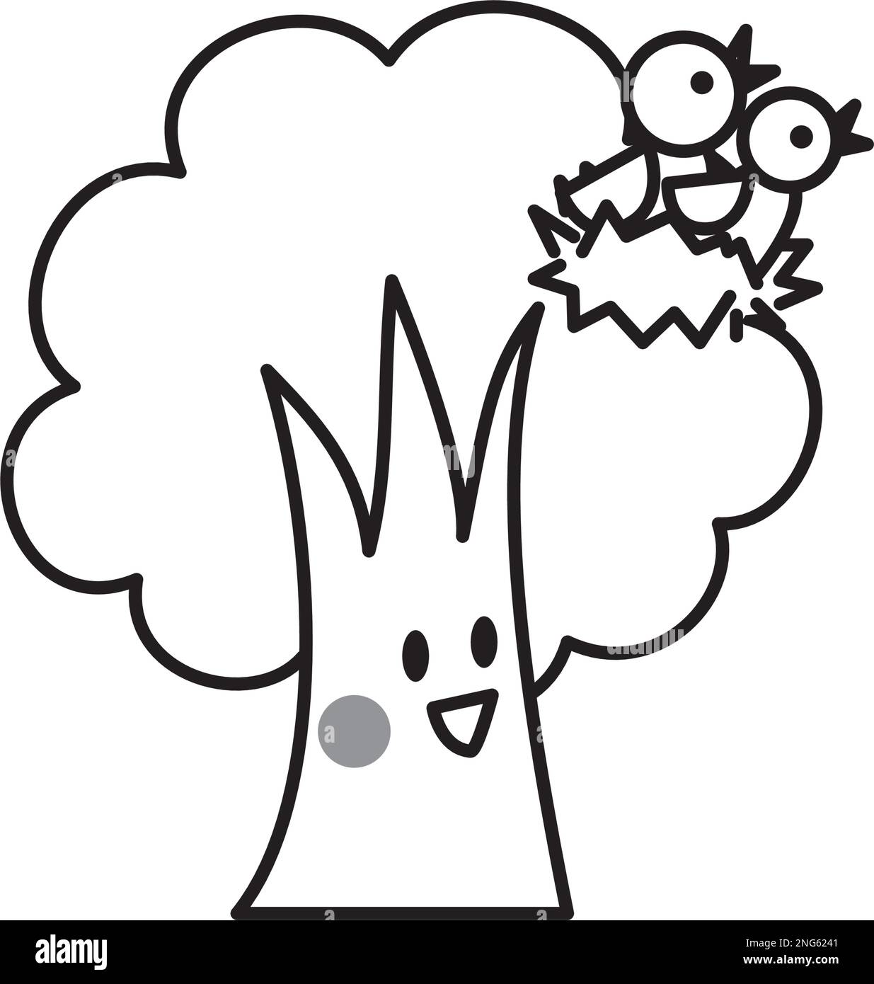 Ein Baumpalent, der auf ein Vogelnest starrt und lächelt. Schwarz-weiße Linienzeichnung. Eine süße Illustration eines deformierten Baumes. Stock Vektor