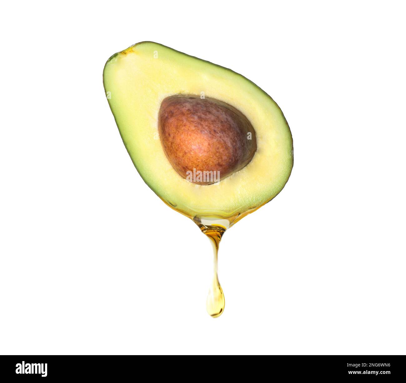 Frischer Avocado mit tropfendem Öl auf weißem Hintergrund Stockfoto