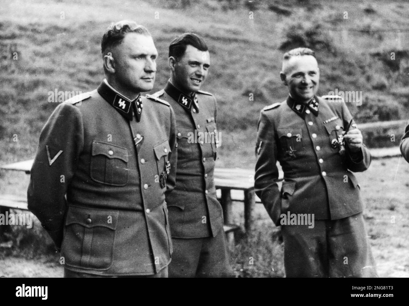 Befehlshaber von Auschwitz i Richard Baer, Chefärztin von Auschwitz Josef Mengele und Rudolf Höss, 1944 Stockfoto
