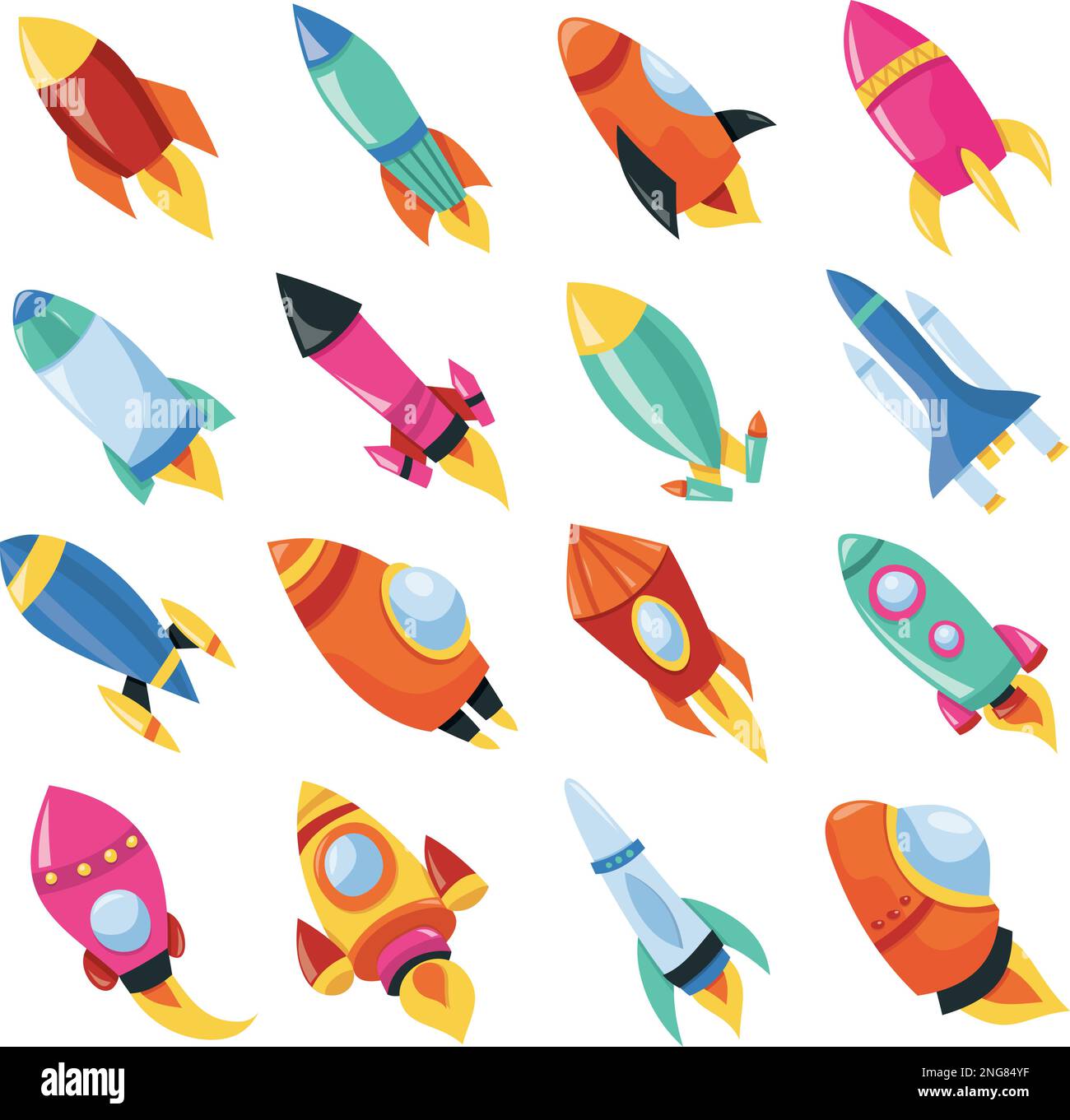 Ein Cartoon-Vektorbild von bunten, süßen Raketenschiffen. Stock Vektor