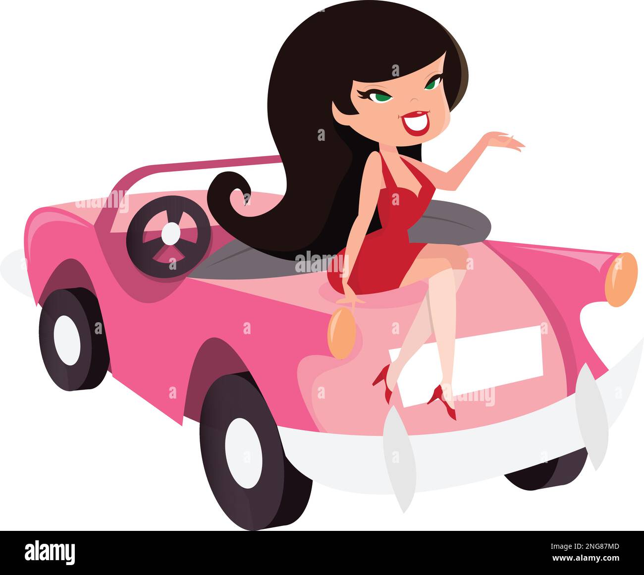 Ein Cartoon-Vektorbild eines niedlichen Cartoon-Retro-Mädchens, das auf einem pinkfarbenen Cabrio sitzt. Stock Vektor