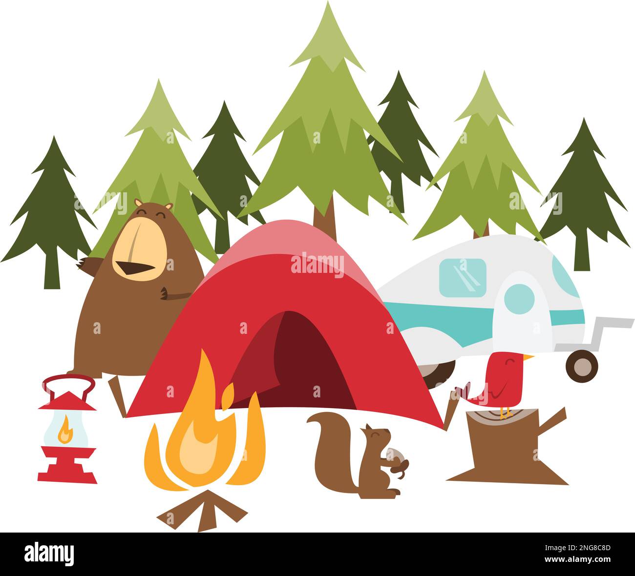 Eine Cartoon-Vektordarstellung des Campings in der Wildnis mit einem niedlichen Zelt, Bär und Lagerfeuer. Stock Vektor
