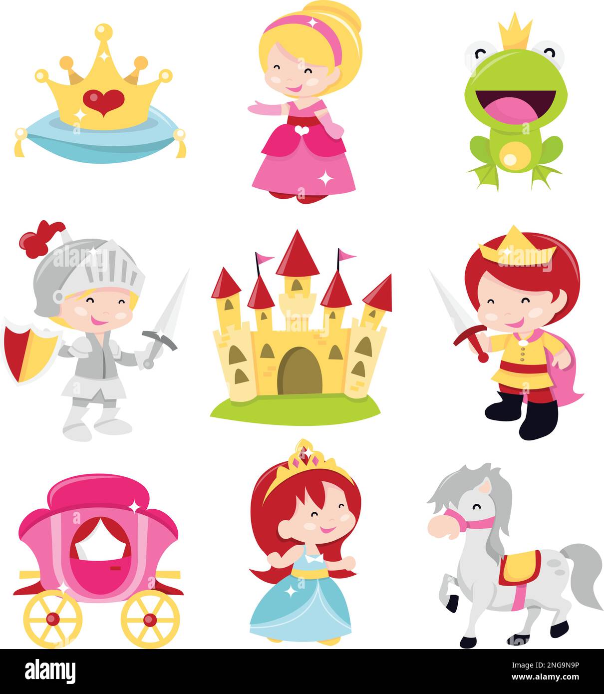 Ein Cartoon-Vektor mit niedlichen und lustigen Prinzessinnen, Prinzen und Rittern. In diesem Set enthalten: Krone, Prinzessinnen, Froschprinz, kn Stock Vektor