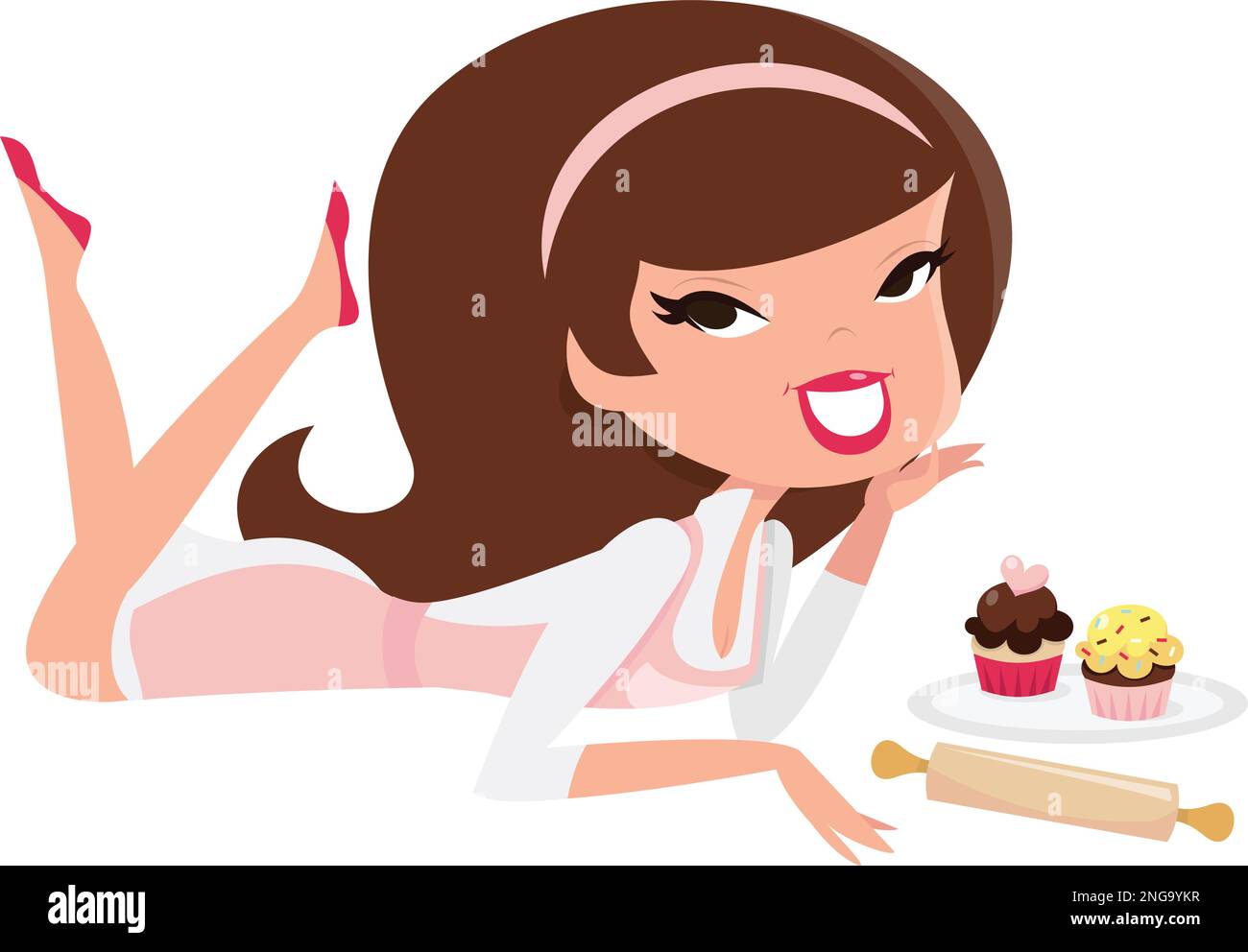Ein Cartoon-Vektor, der zeigt, wie ein Retro-Mädchen auf dem Boden liegt, mit einem Tablett aus Cupcakes und einem Rollnadel. Stock Vektor