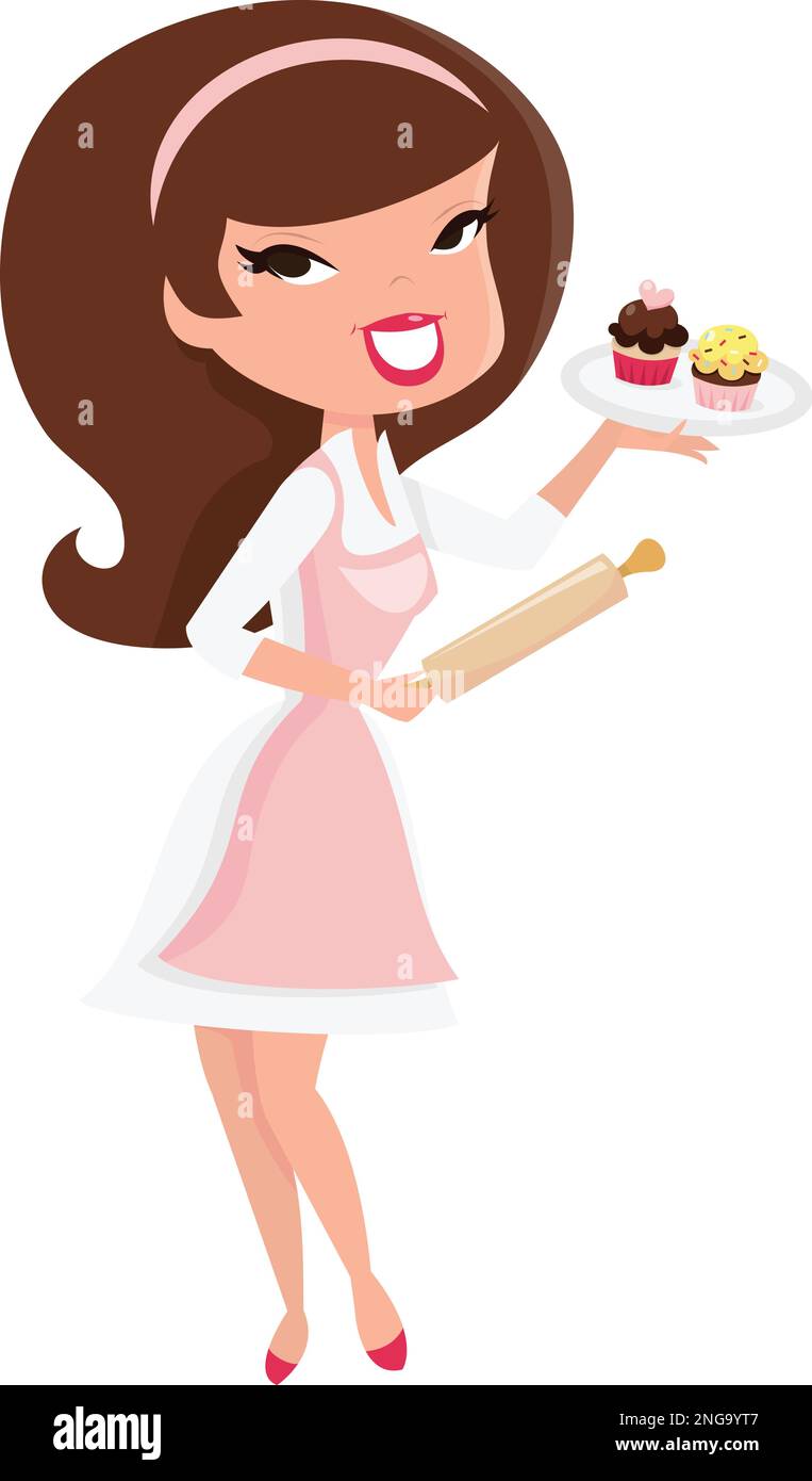 Ein Cartoon-Vektor, der ein niedliches Retro-Mädchen darstellt, das Cupcake backt, eine Rollnadel in einer Hand hält und ein Tablett mit Cupcakes präsentiert. Stock Vektor