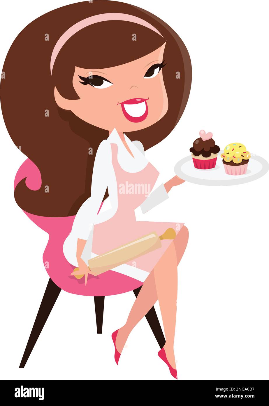 Ein Cartoon-Vektor, der zeigt, wie ein niedliches Mädchen im Retro-Stil auf einem Stuhl sitzt und eine Rolle in einer Hand hält, während es ein Tablett mit Cupcakes hält. Stock Vektor