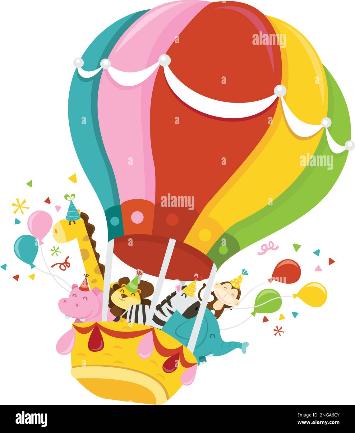 Eine Cartoon-Vektordarstellung einer Gruppe glücklicher Dschungeltiere im Heißluftballon, die eine Party feiern. Stock Vektor