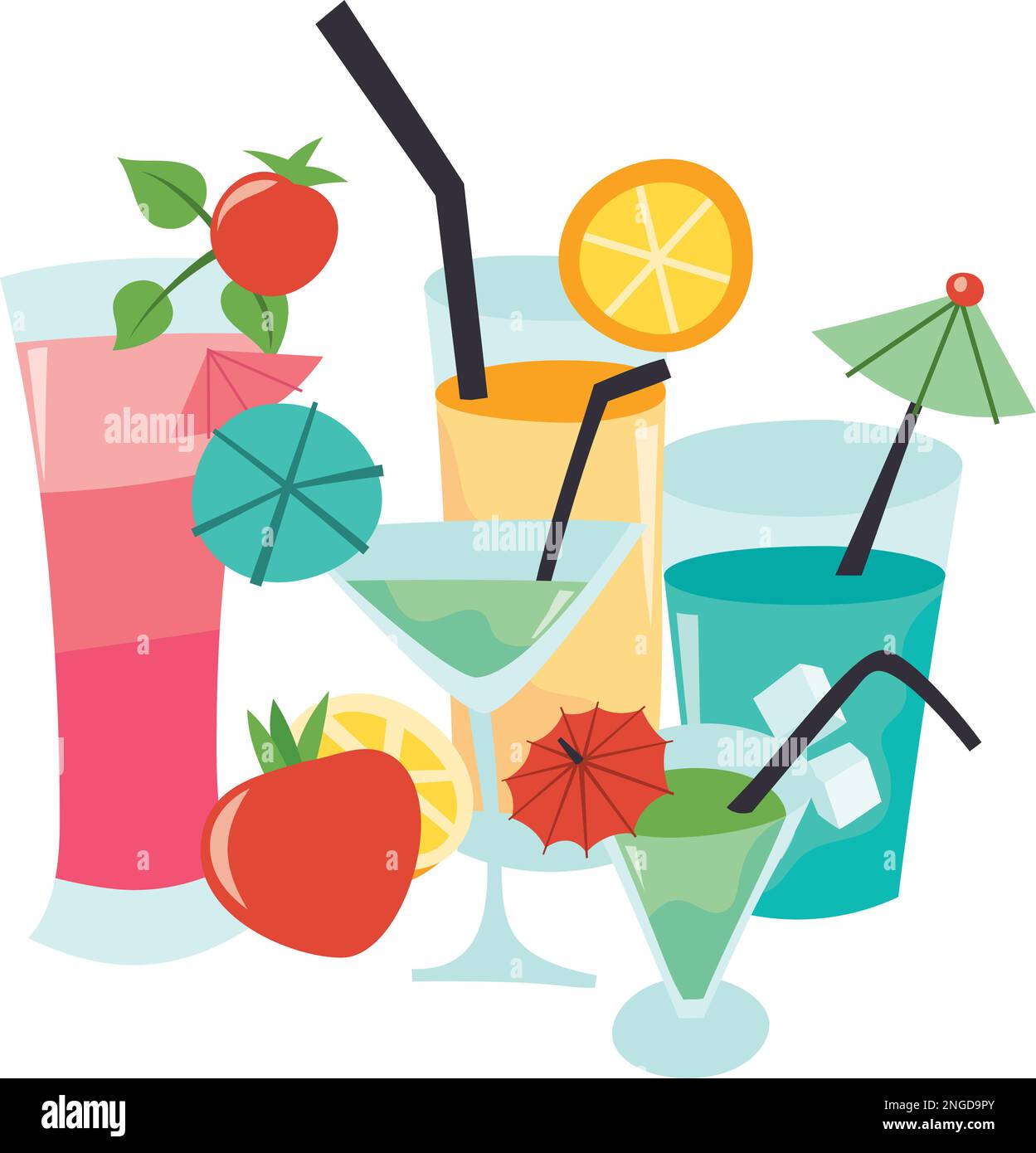 Eine Cartoon-Vektordarstellung verschiedener farbenfroher Cocktailgetränke in einer Gruppe. Stock Vektor