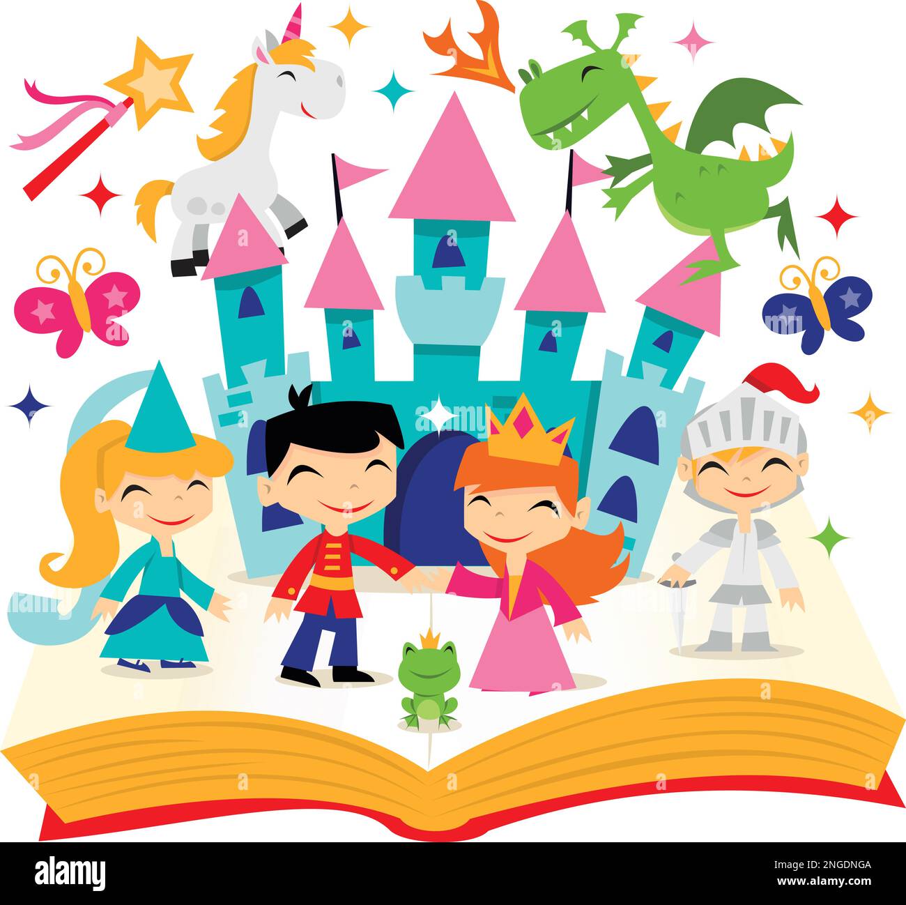 Ein Cartoon-Vektorbild eines niedlichen magischen Märchenbuchs im Retro-Stil. Es ist gefüllt mit Einhorn, Drachen, Prinzessinnen, Schloss und mehr. Stock Vektor