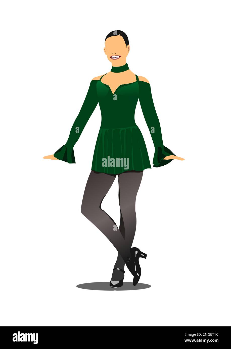 Schöne Frau in grünem Kleid für irischen Tanz, isoliert auf Weiß. Riverdance. 3D-Farbvektordarstellung Stock Vektor