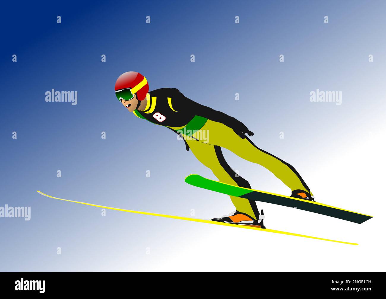 Skispringen Wintersport. 3D Vektor-Farbdarstellung Stock Vektor