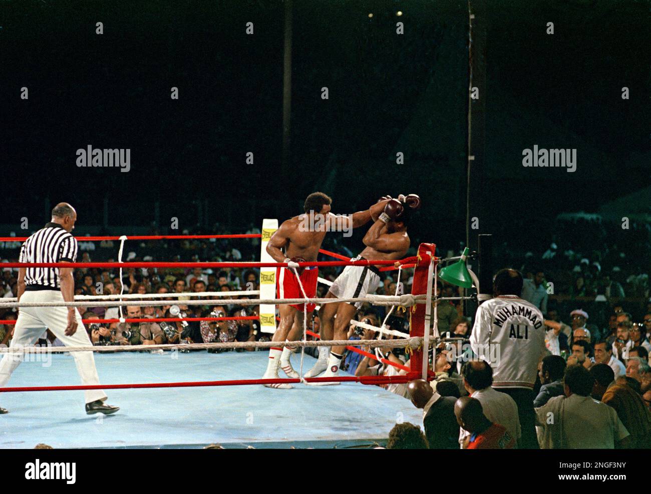 Hanging deep in the ropes, challenger Muhammad Ali is hit with a left jab to the head by defending world champion George Foreman during the WBA/WBC championship bout in Kinshasa, Zaire, on October 30, 1974. Ali regained the heavyweight crown by knocking out Foreman in the eighth round of their fight dubbed 'Rumble in the Jungle.' The referee is Zack Clayton. (AP Photo) Stockfoto
