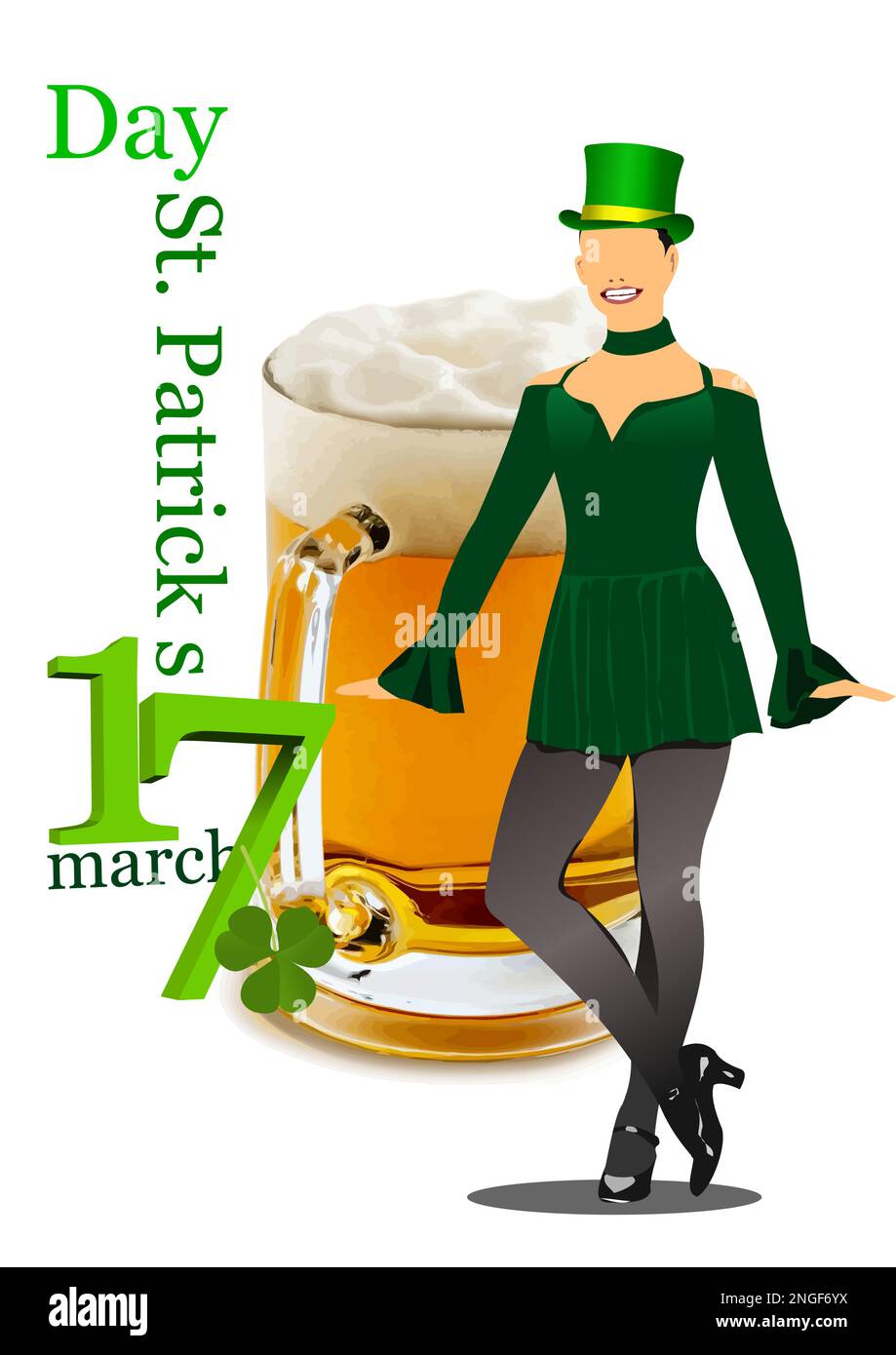 St. Patricks Tag. Mädchen mit grünem Hut und Bier. 3D-Vektordarstellung Stock Vektor